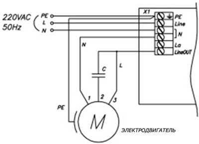 Схема включения регулятора VCA-100 с электродвигателем