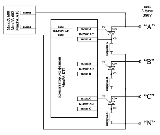 Схема подключения трехфазной нагрузки к регуляторам температуры МикРА с использованием коммутатора КТ1