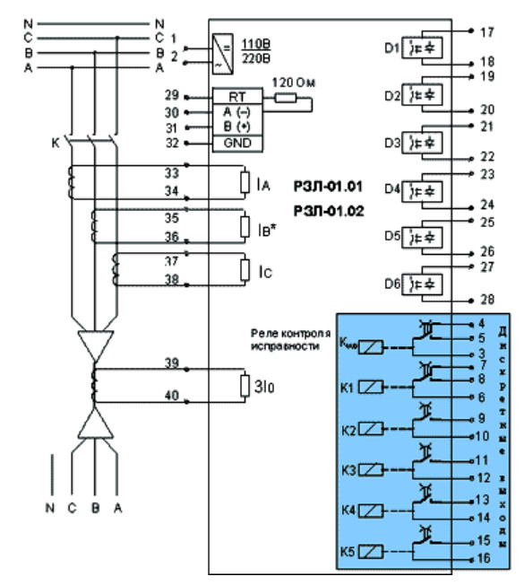 Схема подключения внешних цепей к устройству РЗЛ-01.01, РЗЛ-01.02