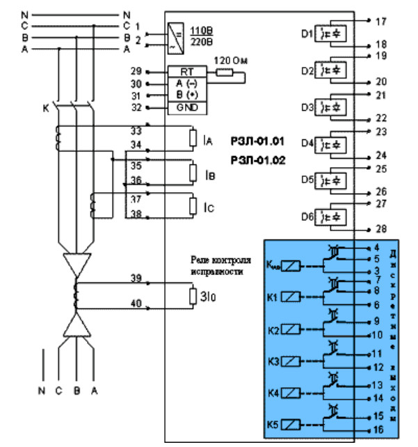 Схема подключения внешних цепей с двумя измерительными ТТ к устройству РЗЛ-01.01, РЗЛ-01.02